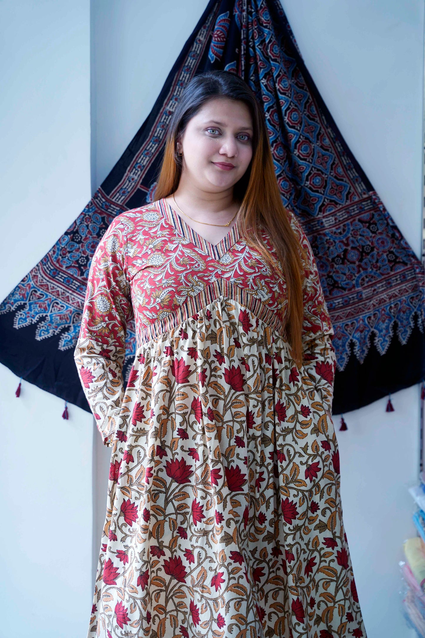 Red Bagru Print V Neck Mid length Dress