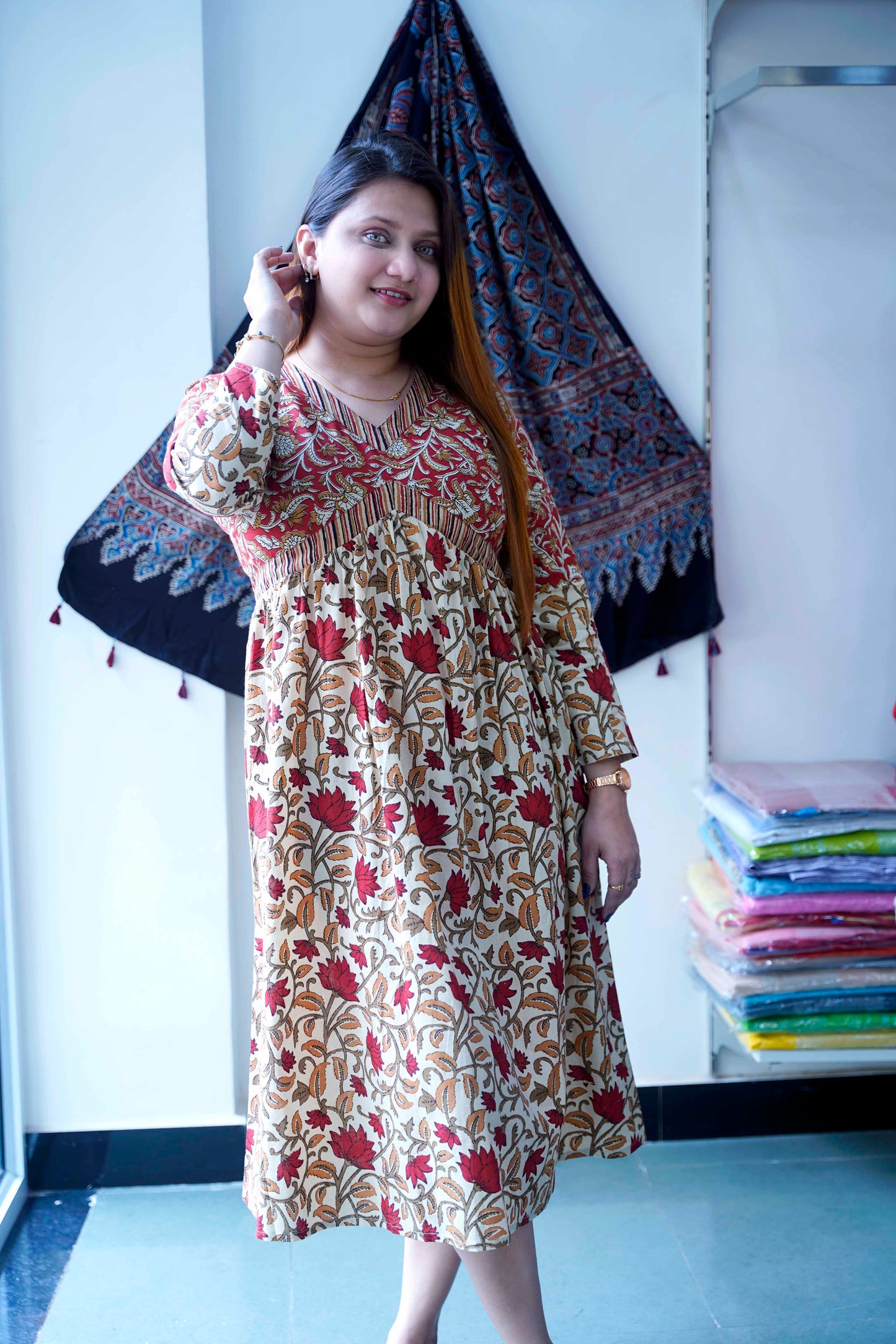 Red Bagru Print V Neck Mid length Dress