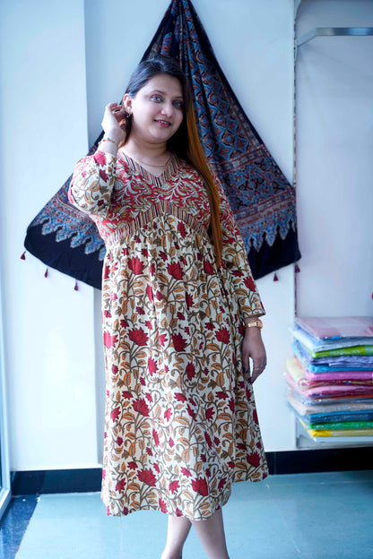 Red Bagru Print V Neck Mid length Dress