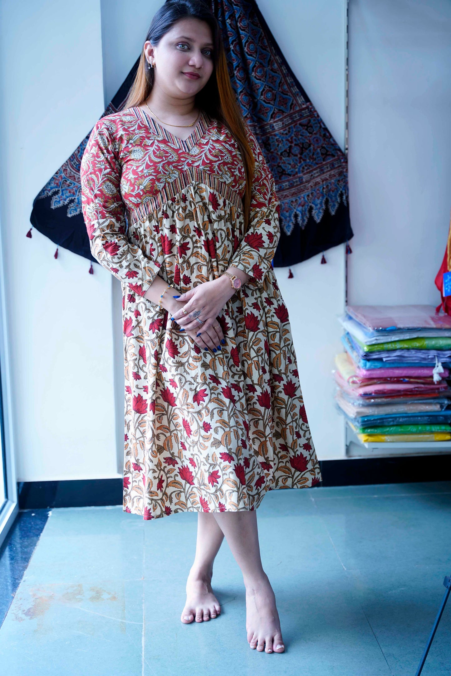 Red Bagru Print V Neck Mid length Dress