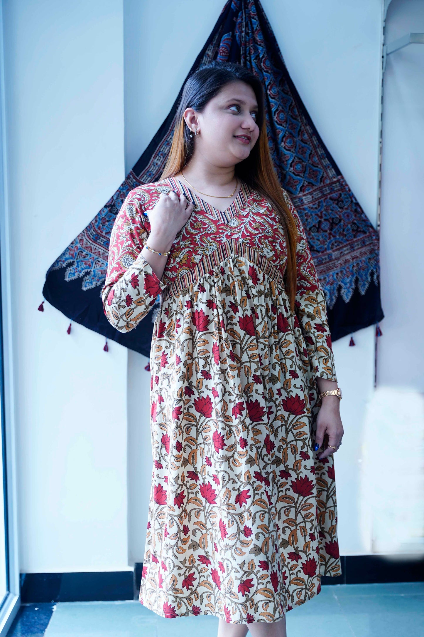 Red Bagru Print V Neck Mid length Dress