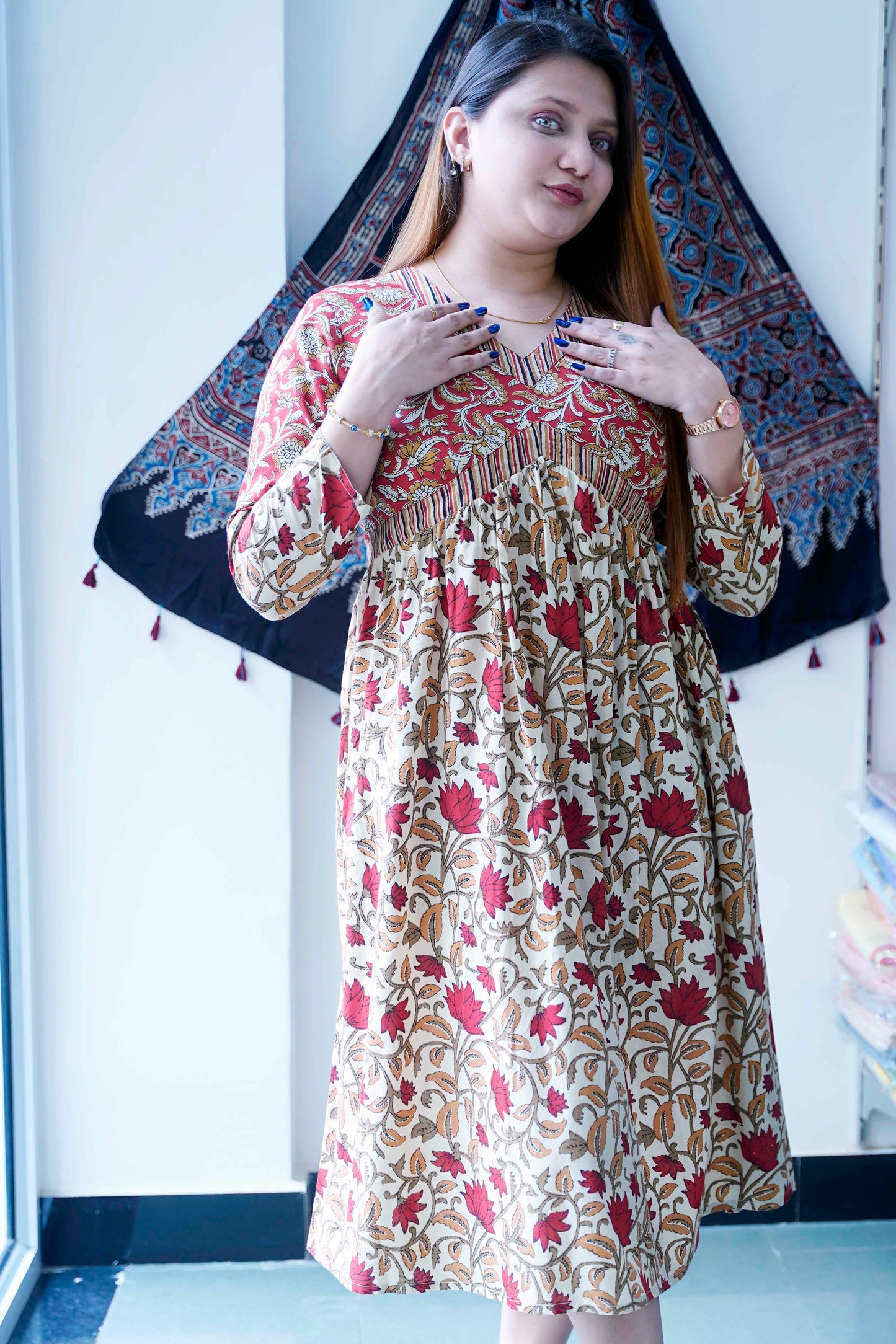 Red Bagru Print V Neck Mid length Dress