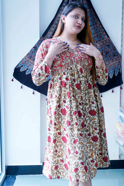 Red Bagru Print V Neck Mid length Dress