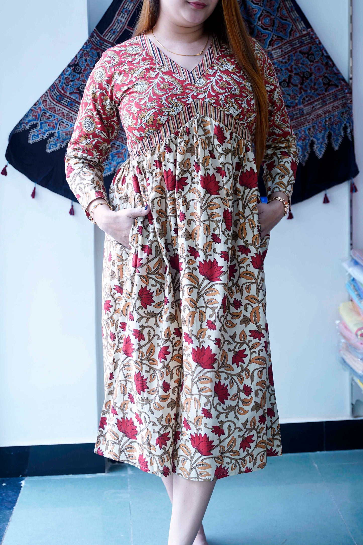 Red Bagru Print V Neck Mid length Dress