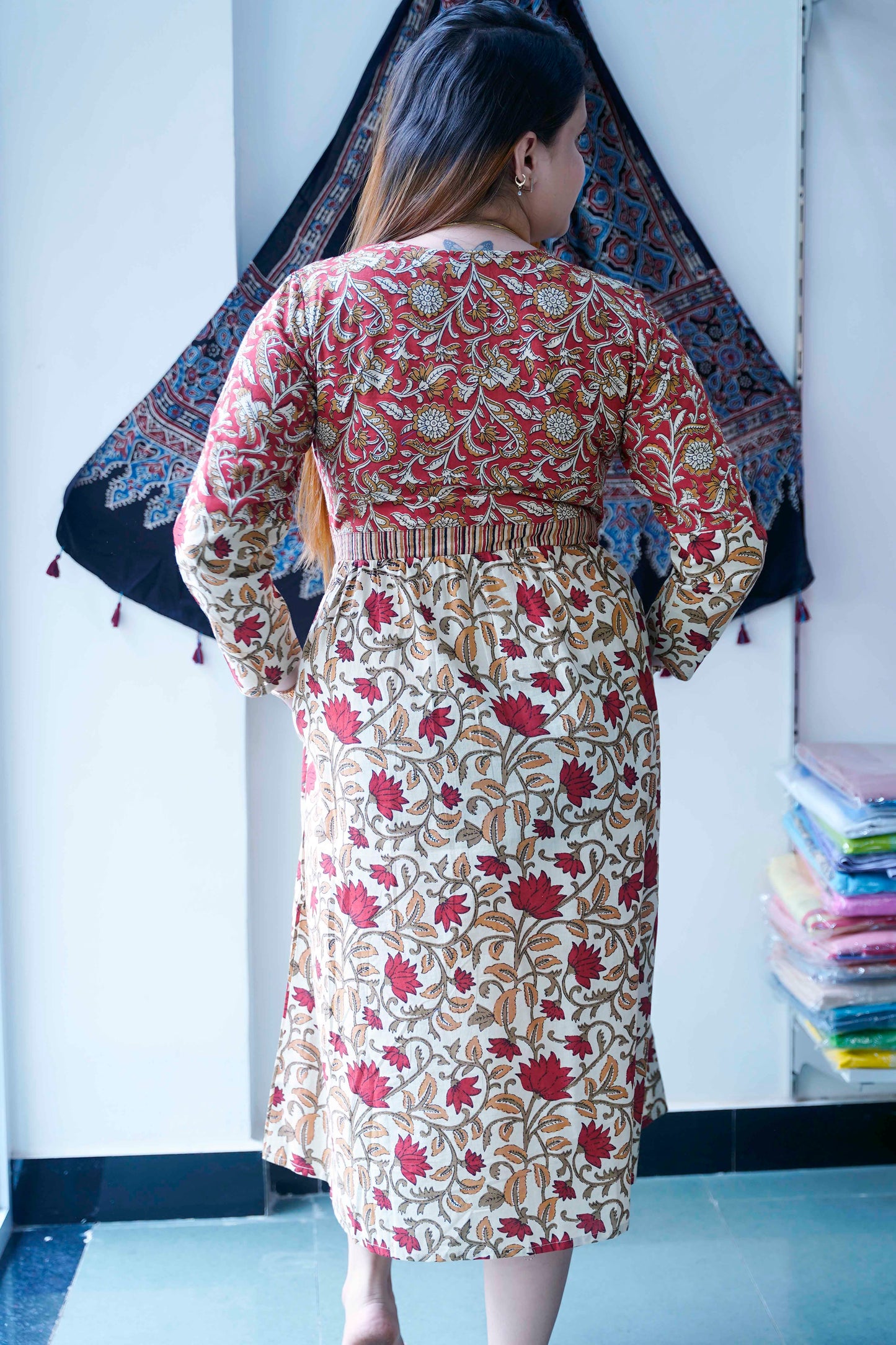 Red Bagru Print V Neck Mid length Dress