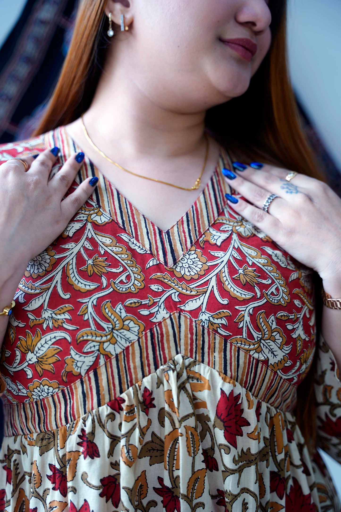 Red Bagru Print V Neck Mid length Dress