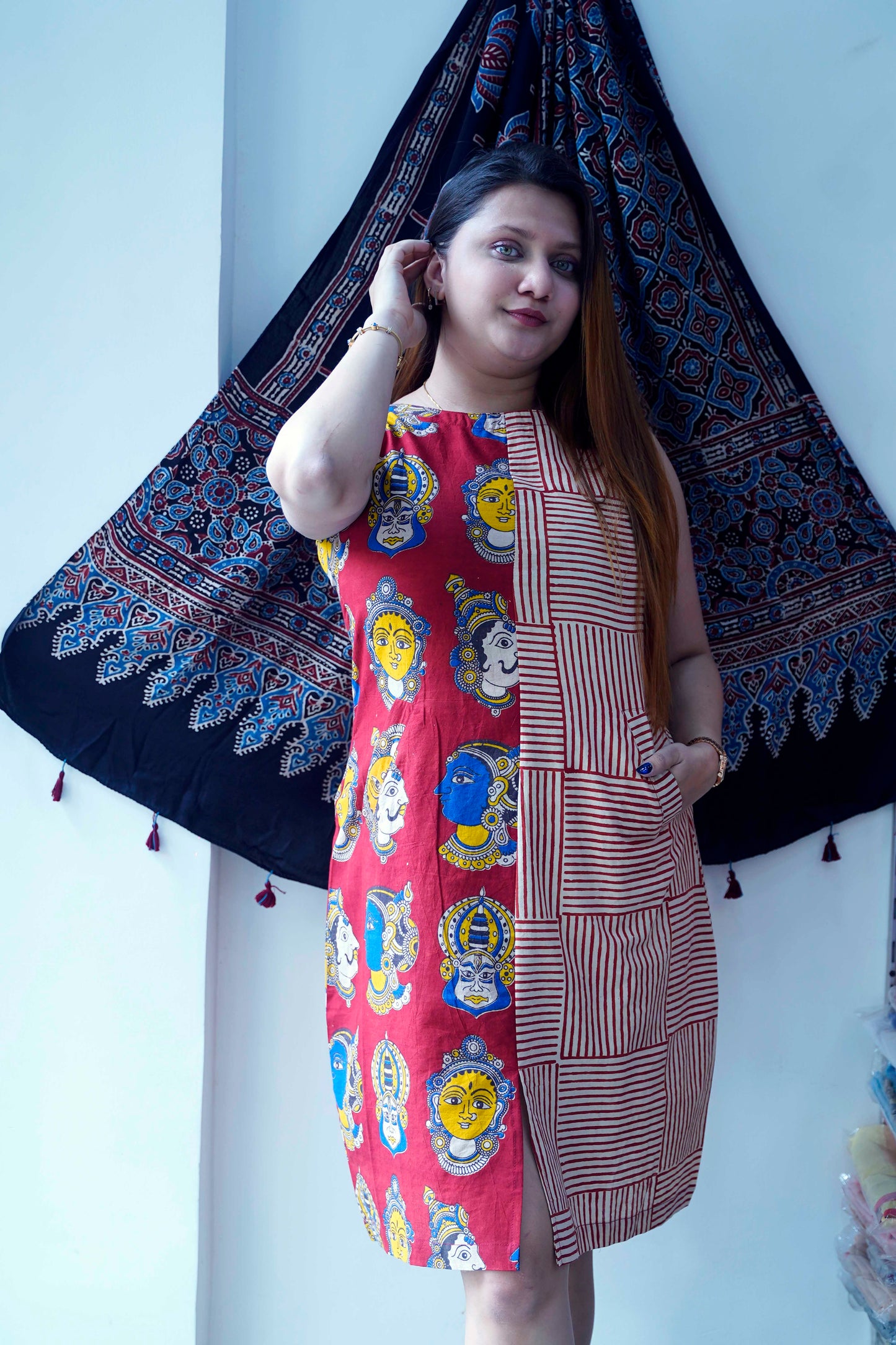 Red Kalamkari Handblock Printed Knee Length Dress