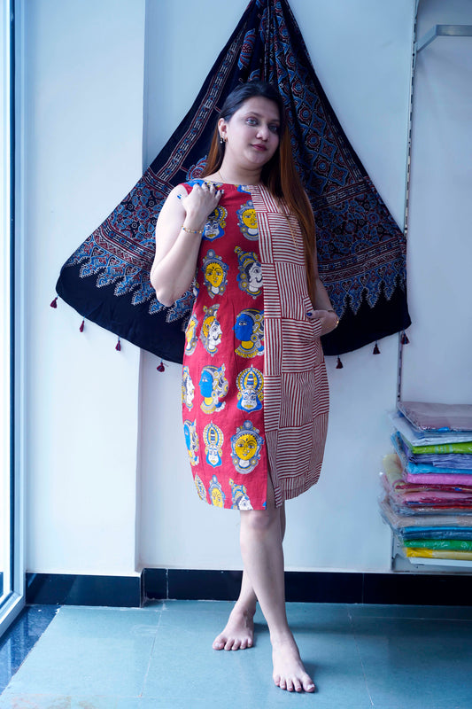 Red Kalamkari Handblock Printed Knee Length Dress
