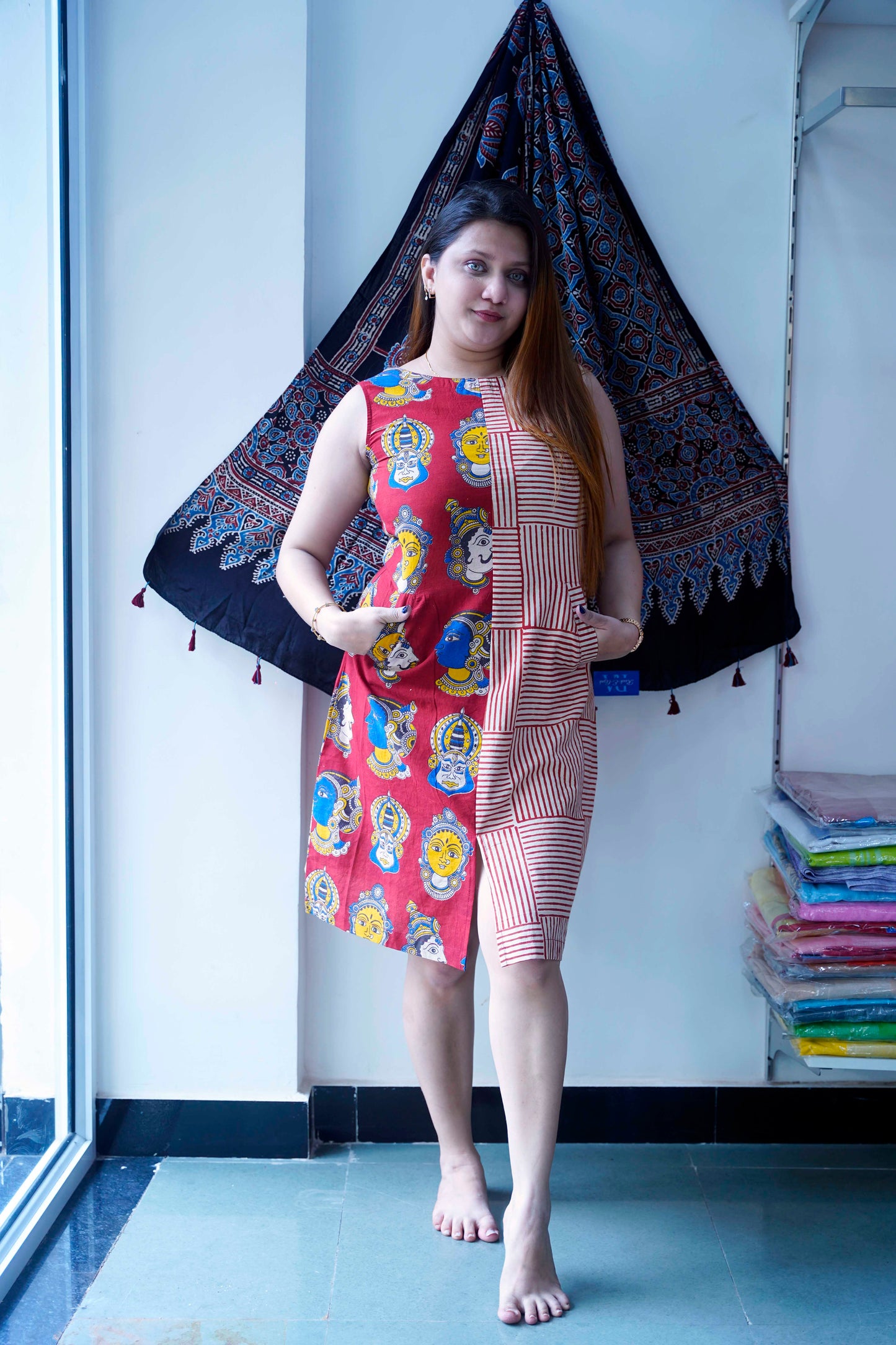 Red Kalamkari Handblock Printed Knee Length Dress