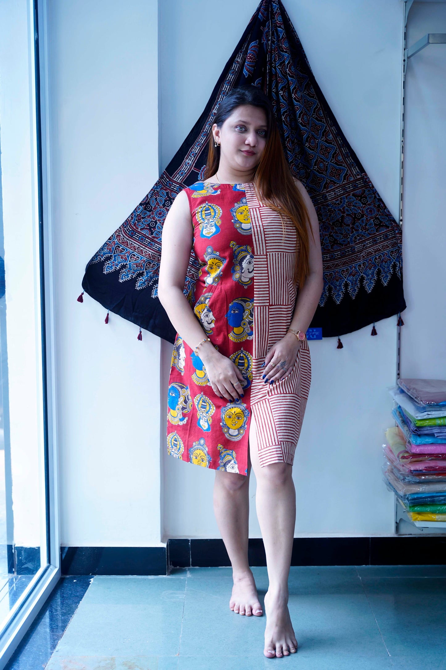 Red Kalamkari Handblock Printed Knee Length Dress