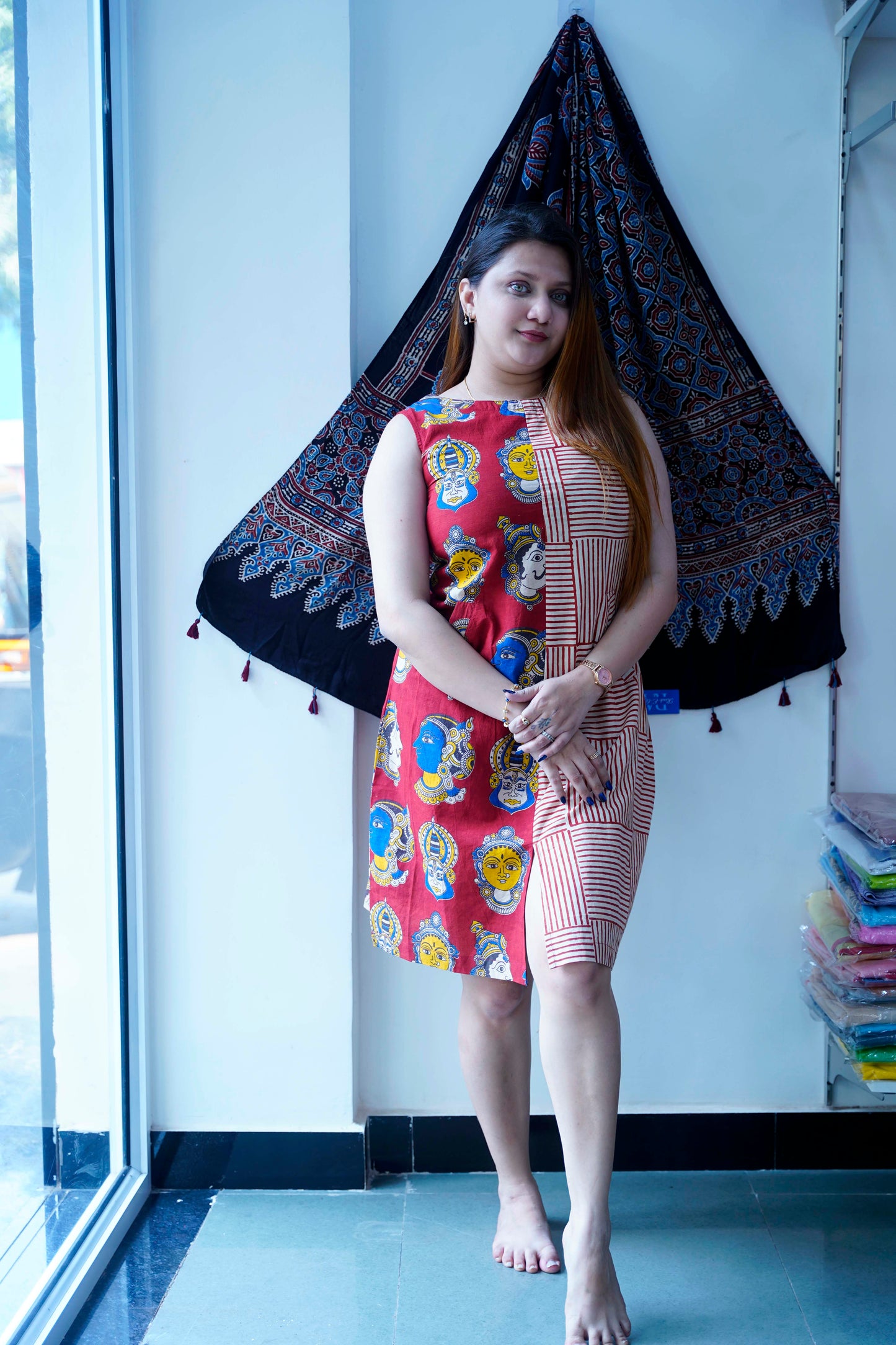 Red Kalamkari Handblock Printed Knee Length Dress