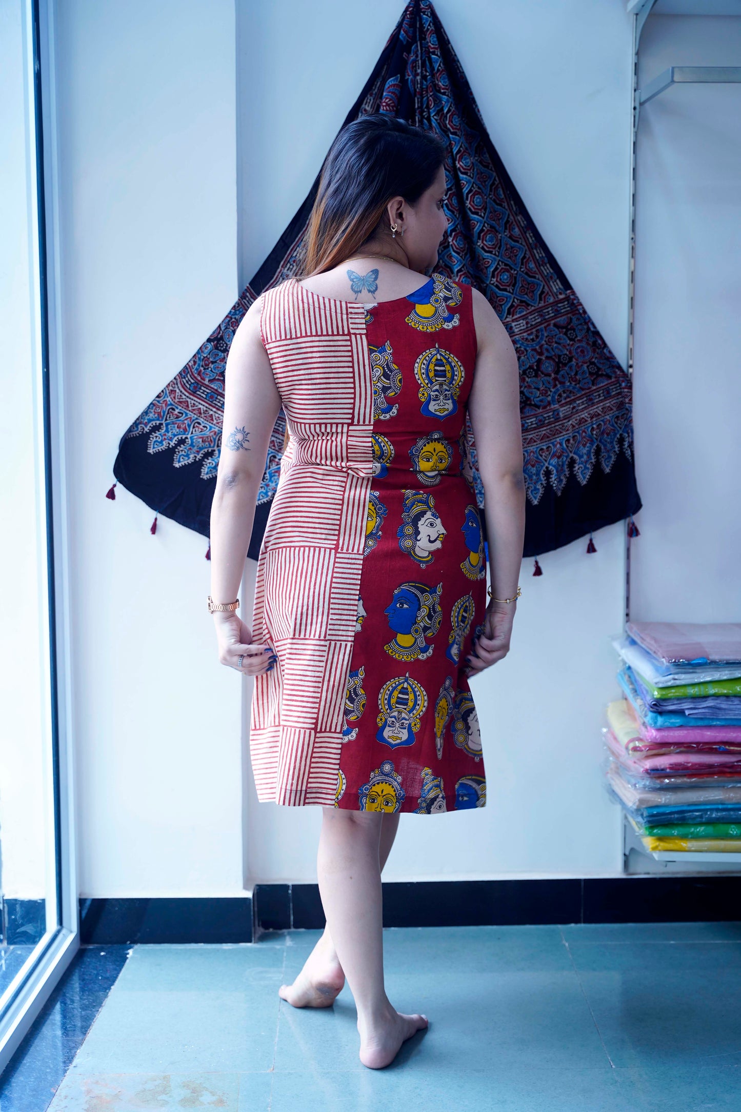 Red Kalamkari Handblock Printed Knee Length Dress