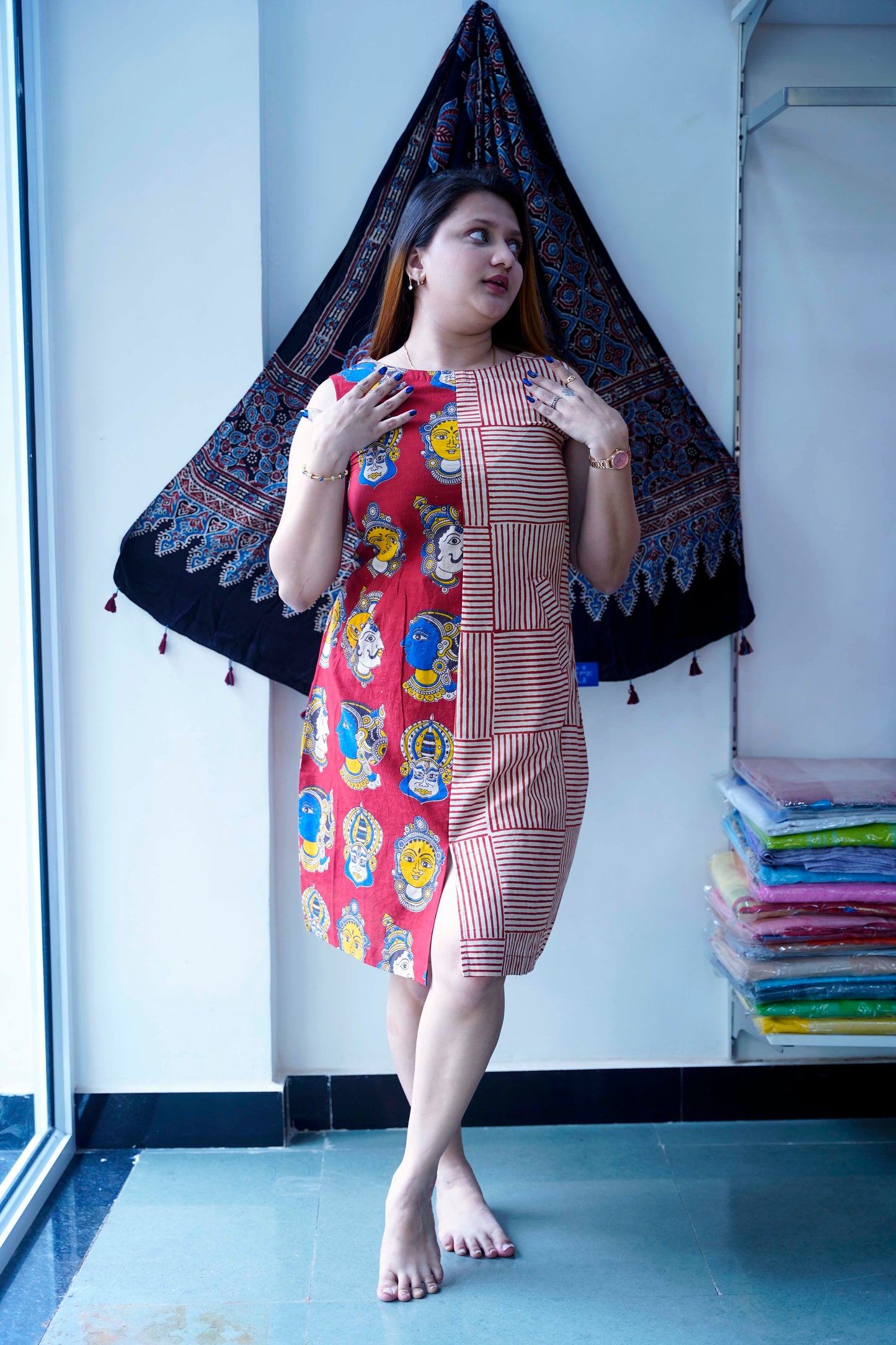 Red Kalamkari Handblock Printed Knee Length Dress