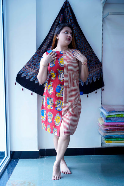 Red Kalamkari Handblock Printed Knee Length Dress
