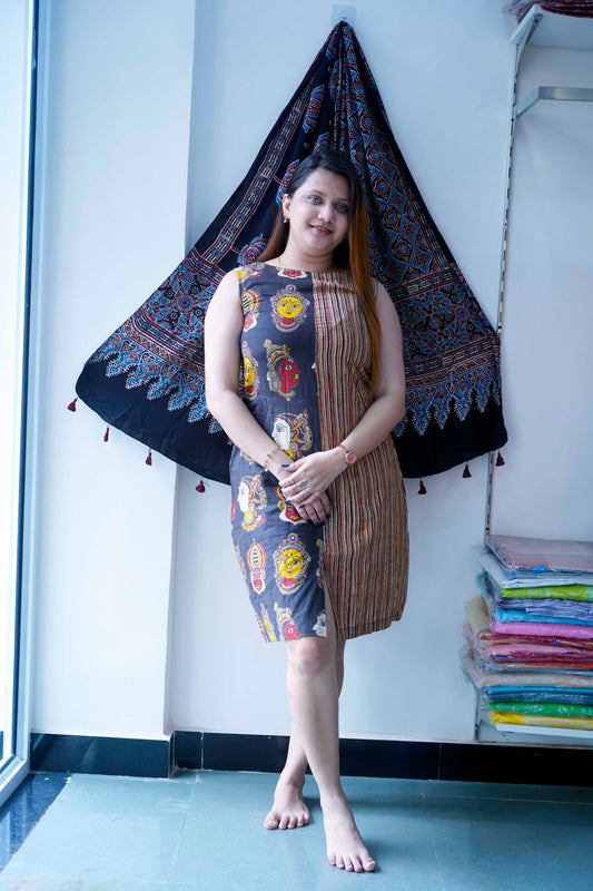 Black Kalamkari Handblock Printed Knee Length Dress