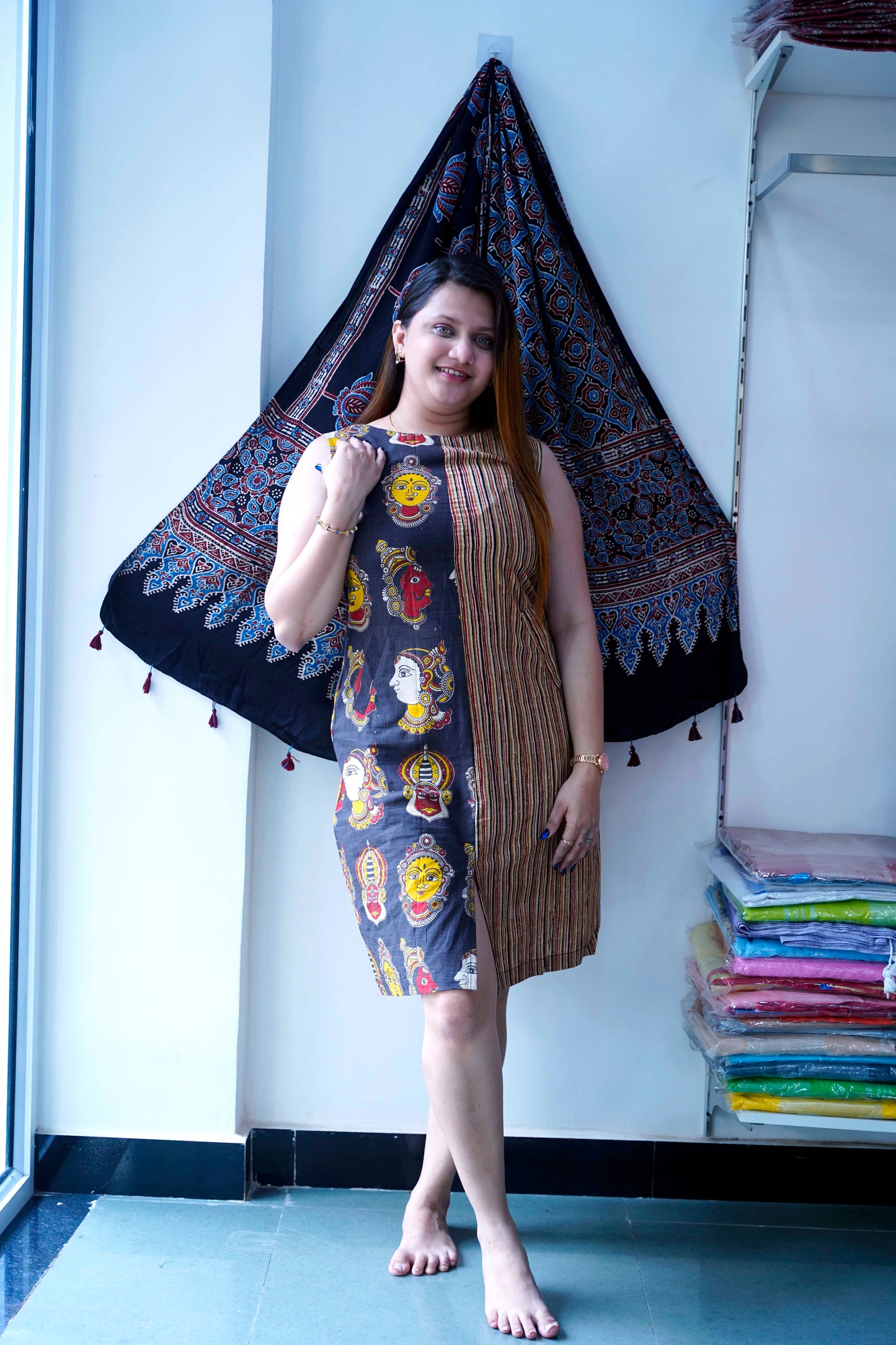 Black Kalamkari Handblock Printed Knee Length Dress