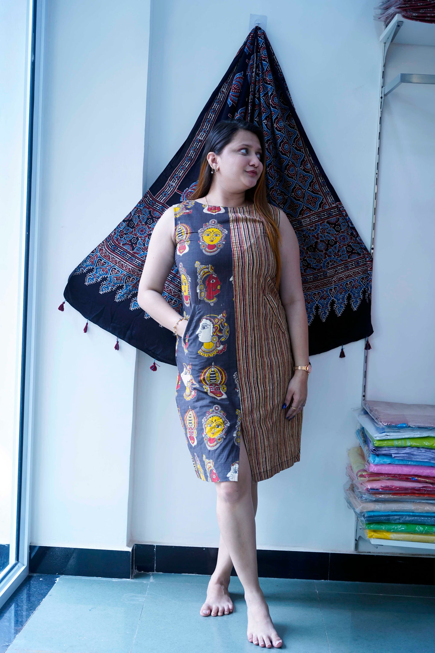 Black Kalamkari Handblock Printed Knee Length Dress