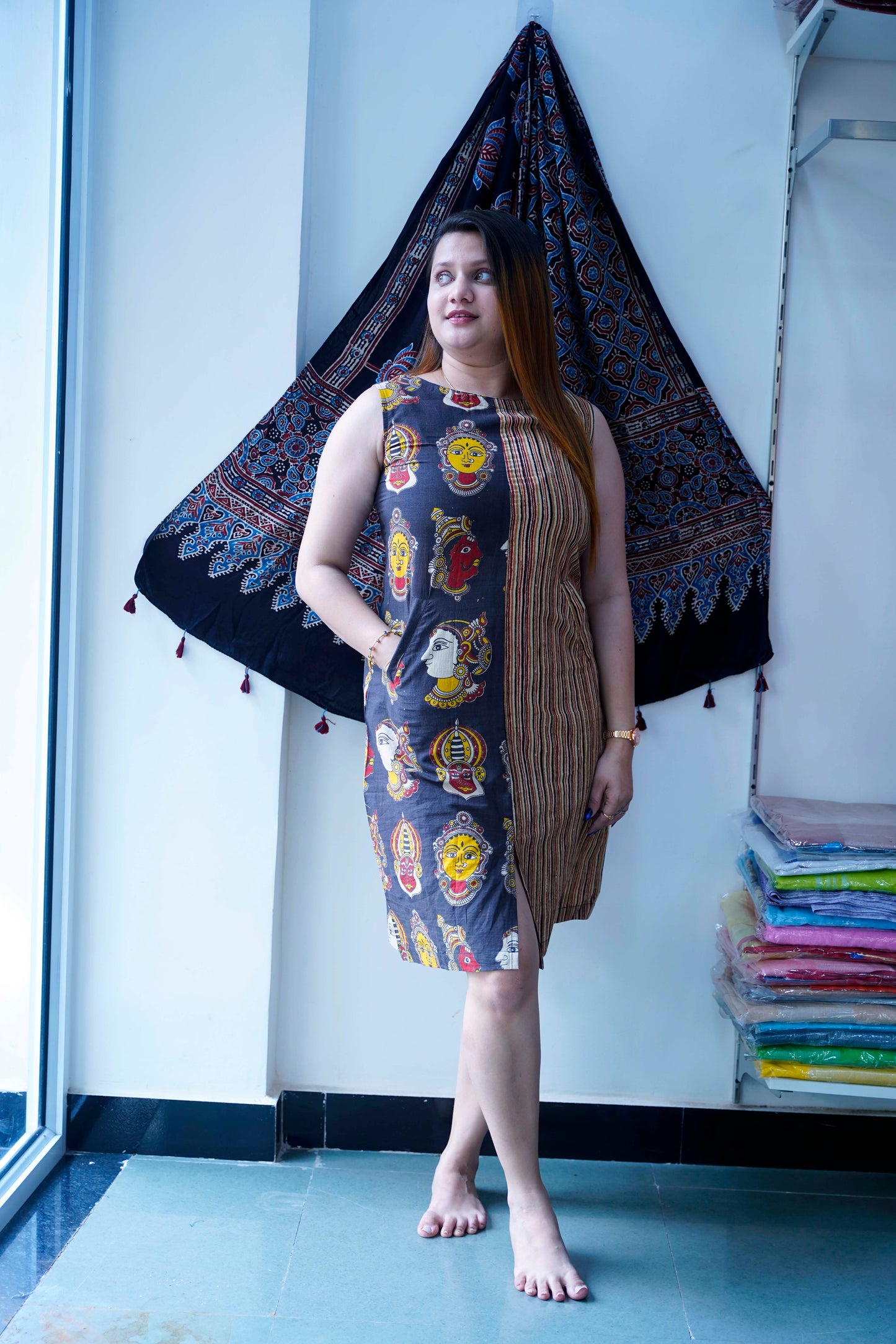 Black Kalamkari Handblock Printed Knee Length Dress