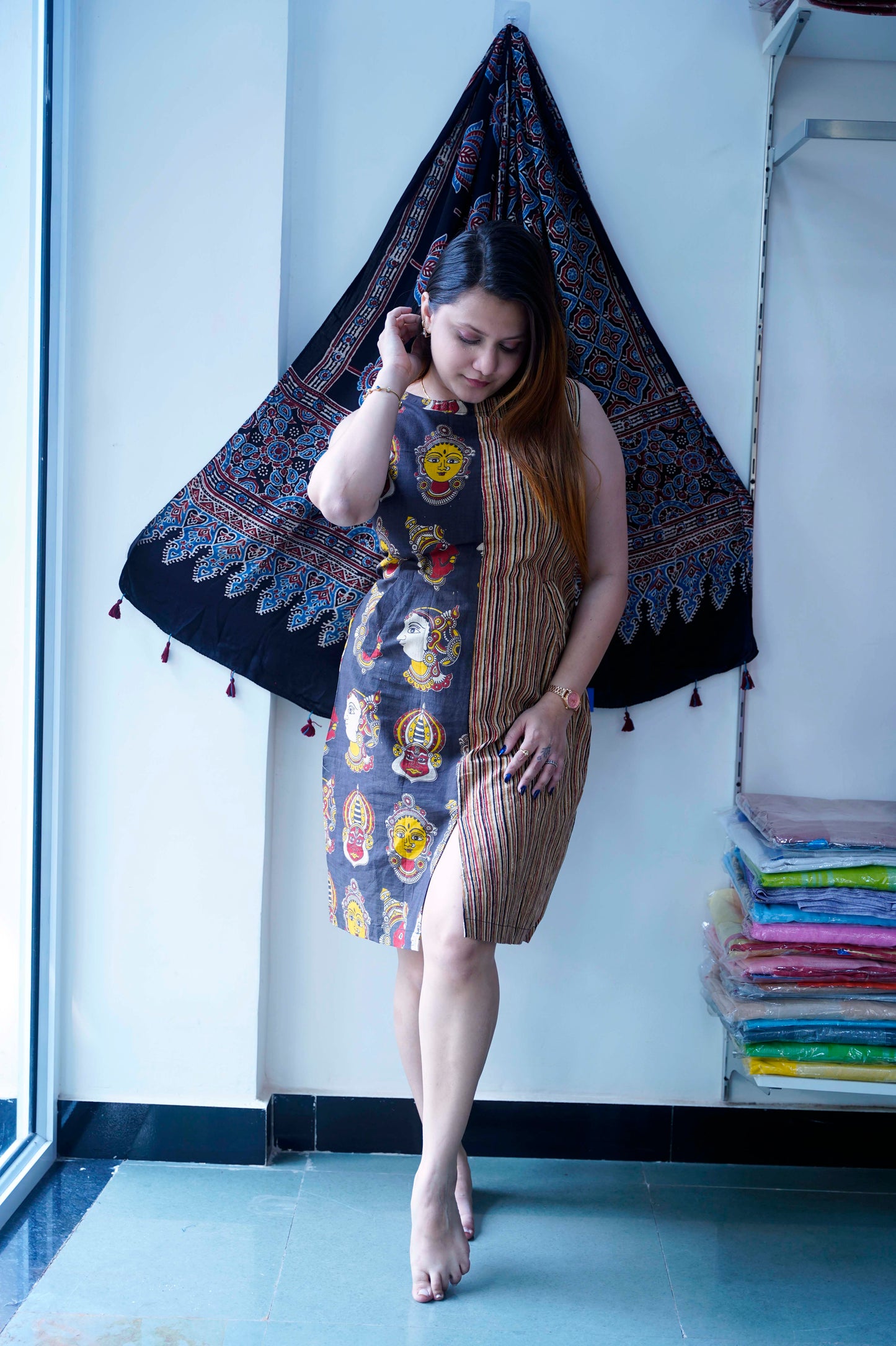 Black Kalamkari Handblock Printed Knee Length Dress