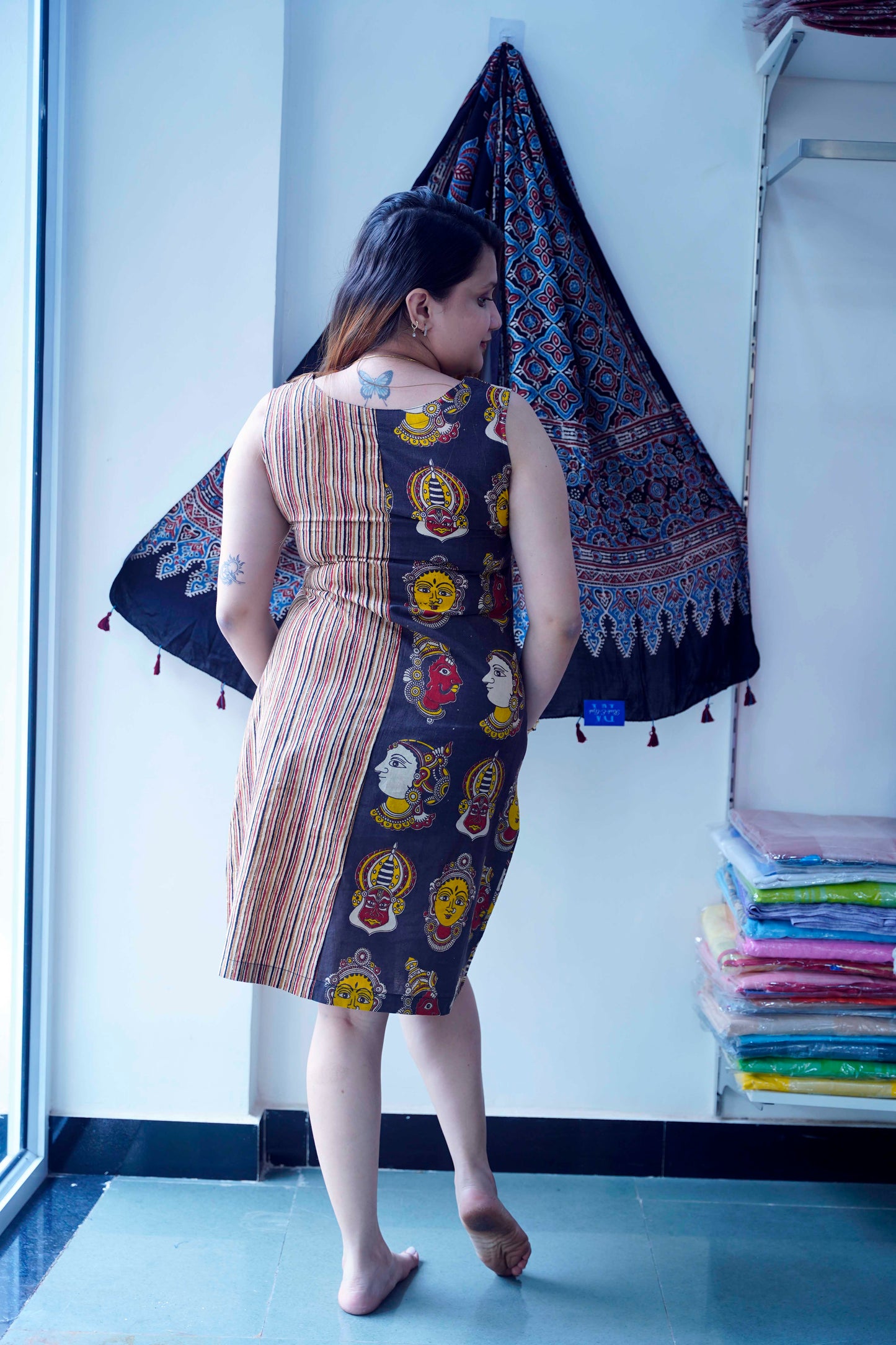 Black Kalamkari Handblock Printed Knee Length Dress