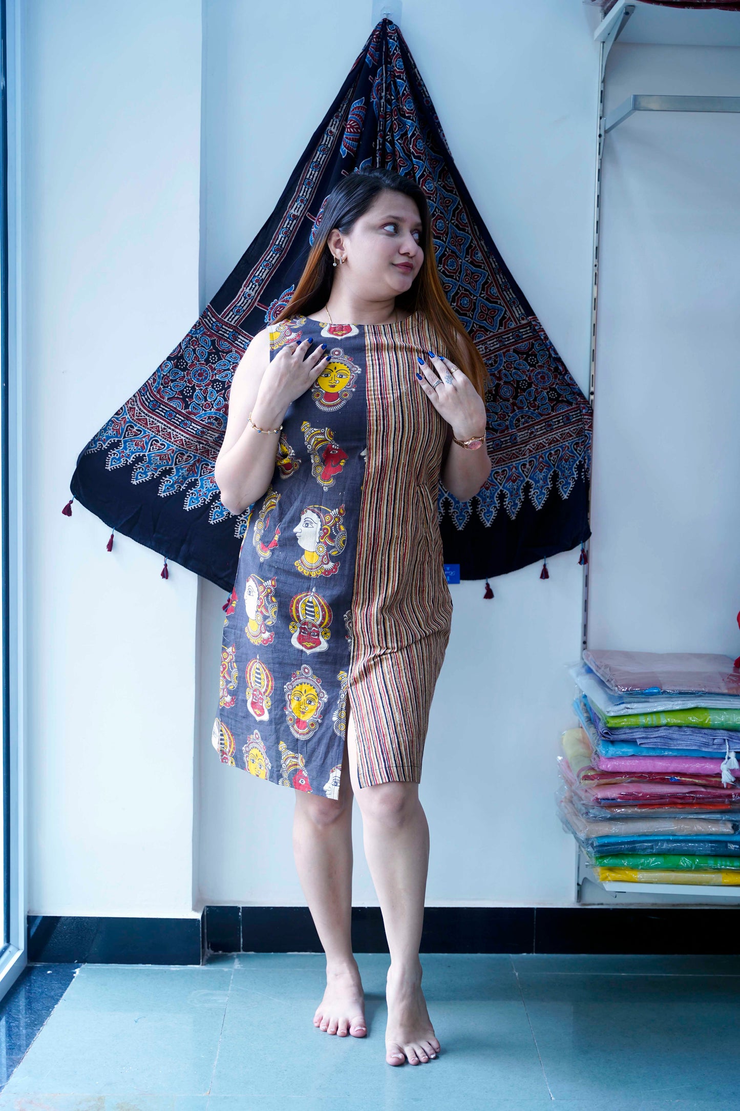 Black Kalamkari Handblock Printed Knee Length Dress
