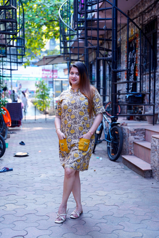 Mustard Ajrak Handblock Print Knee Length Dress With Hand Embroidery On Pockets