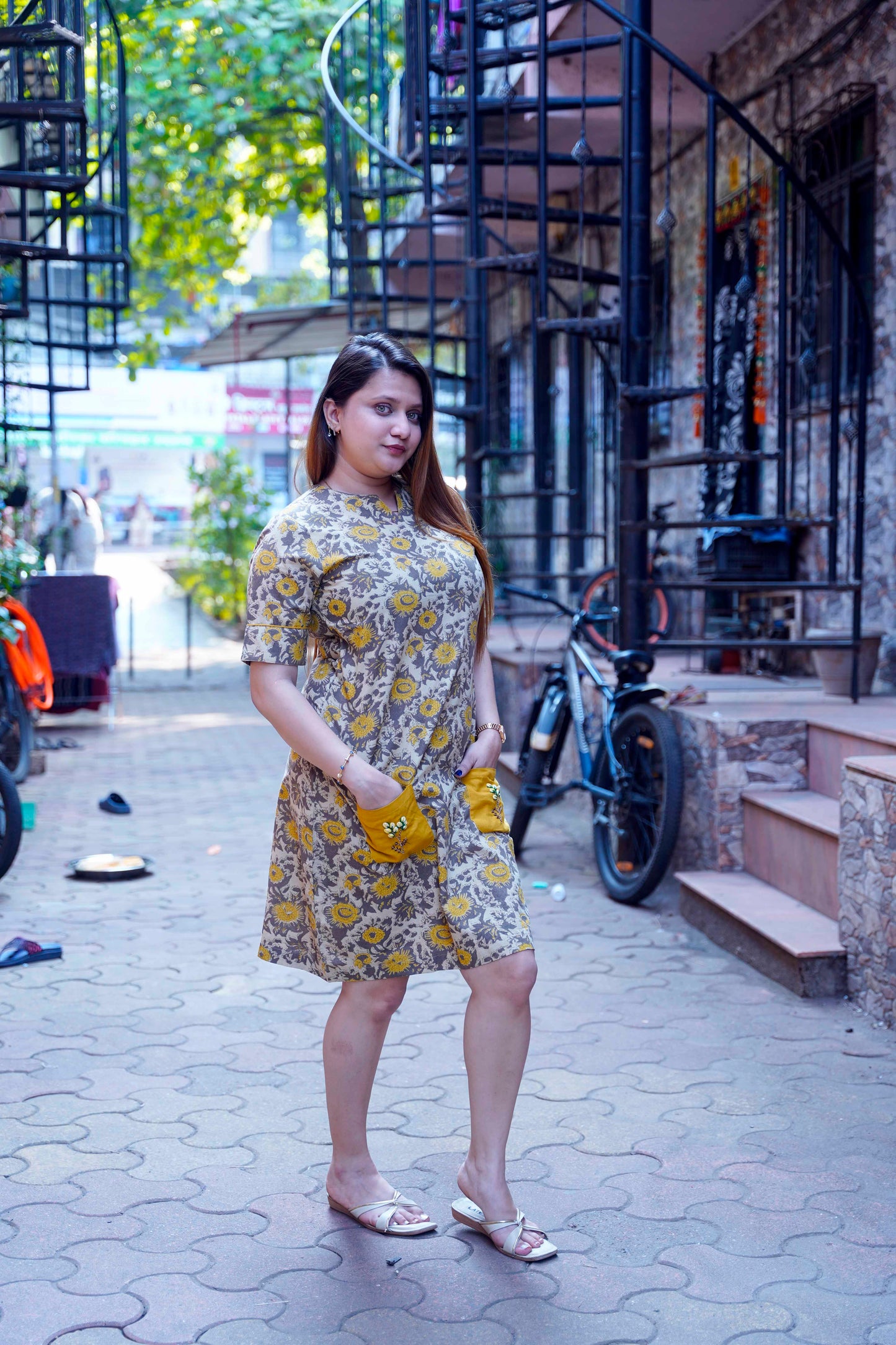 Mustard Ajrak Handblock Print Knee Length Dress With Hand Embroidery On Pockets