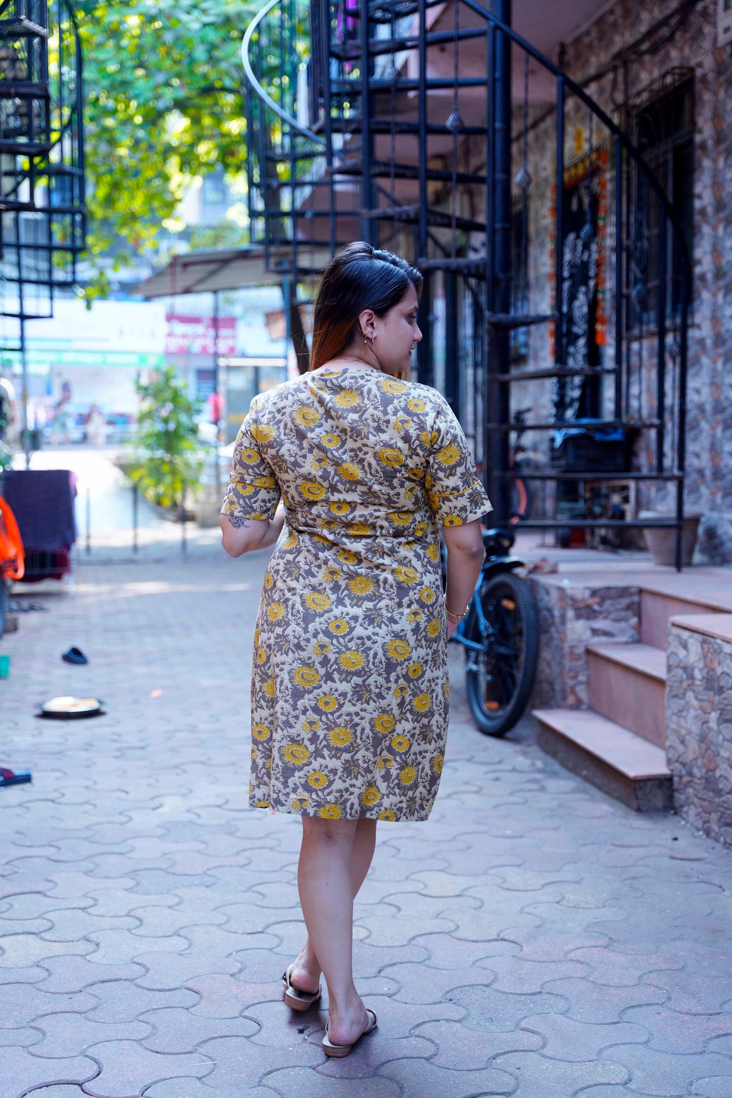 Mustard Ajrak Handblock Print Knee Length Dress With Hand Embroidery On Pockets