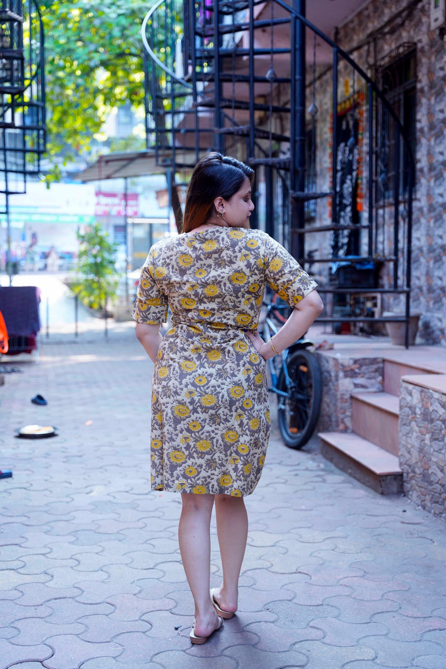 Mustard Ajrak Handblock Print Knee Length Dress With Hand Embroidery On Pockets