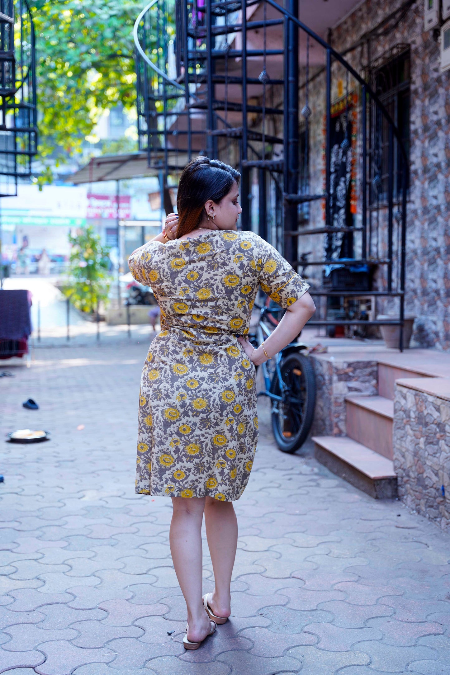 Mustard Ajrak Handblock Print Knee Length Dress With Hand Embroidery On Pockets