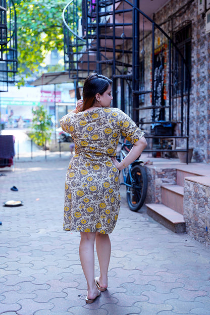 Mustard Ajrak Handblock Print Knee Length Dress With Hand Embroidery On Pockets