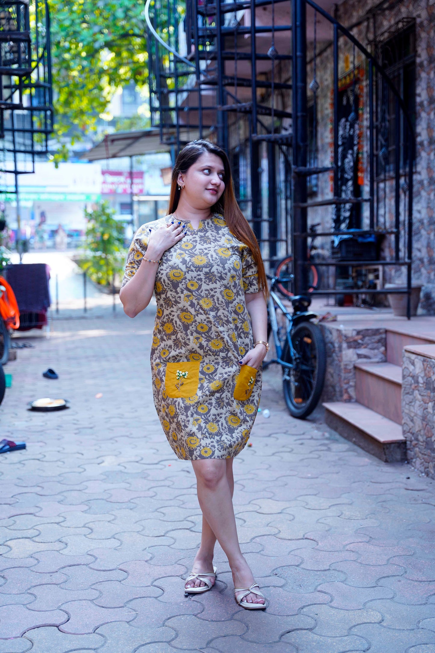 Mustard Ajrak Handblock Print Knee Length Dress With Hand Embroidery On Pockets