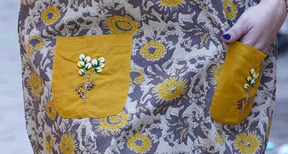 Mustard Ajrak Handblock Print Knee Length Dress With Hand Embroidery On Pockets