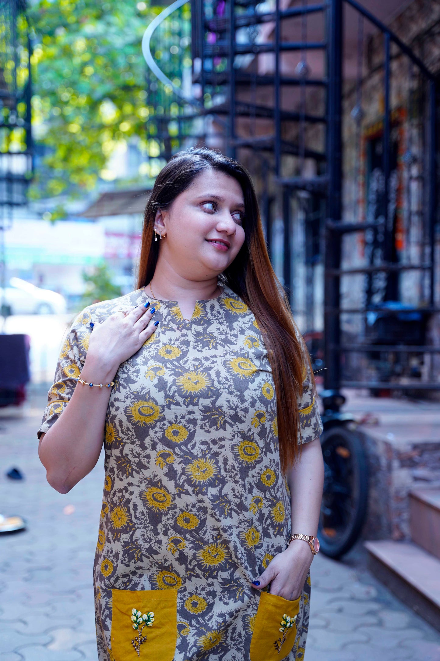 Mustard Ajrak Handblock Print Knee Length Dress With Hand Embroidery On Pockets