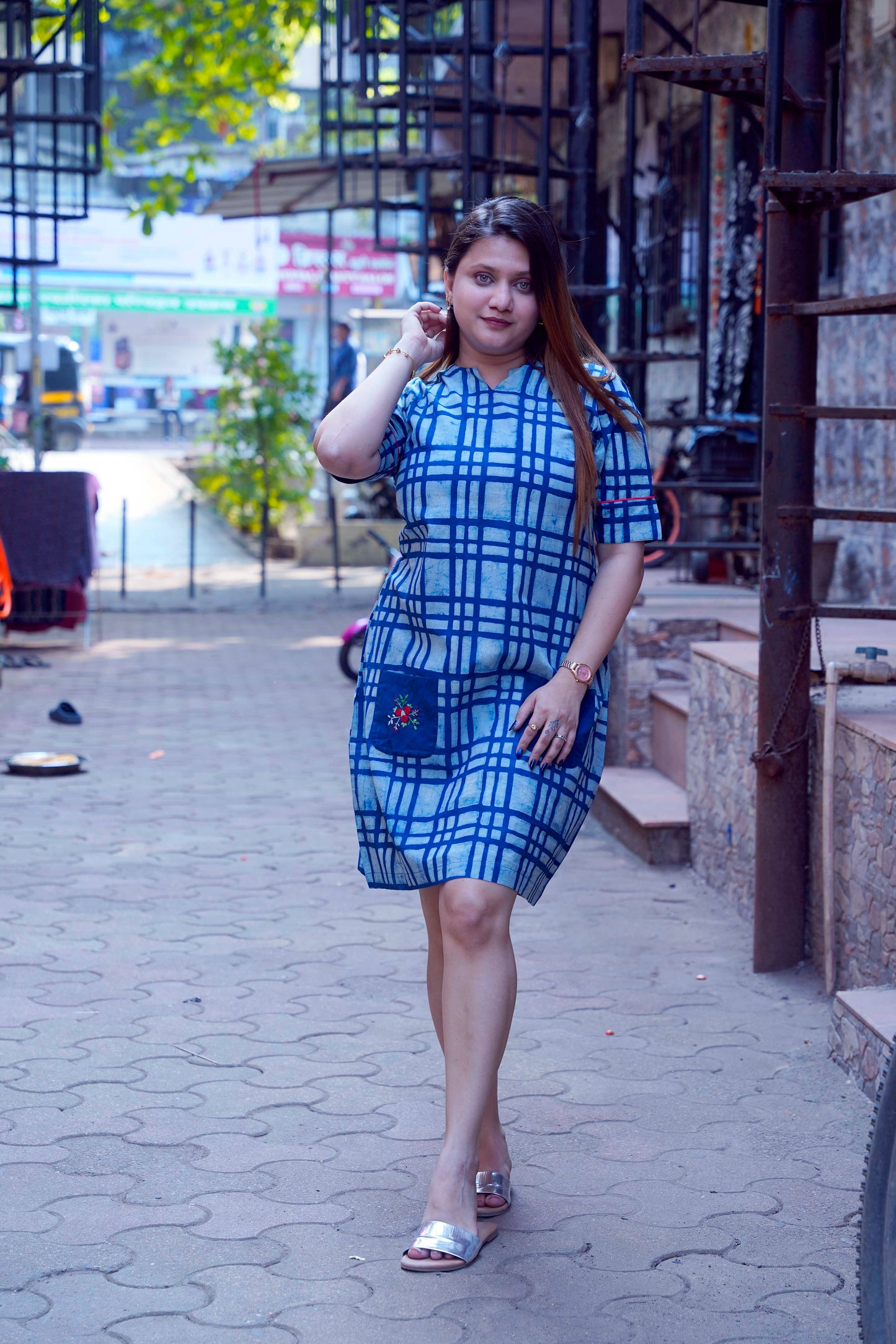 Indigo Dabu Handblock Printed Knee Length Dress with hand embroidery on pockets