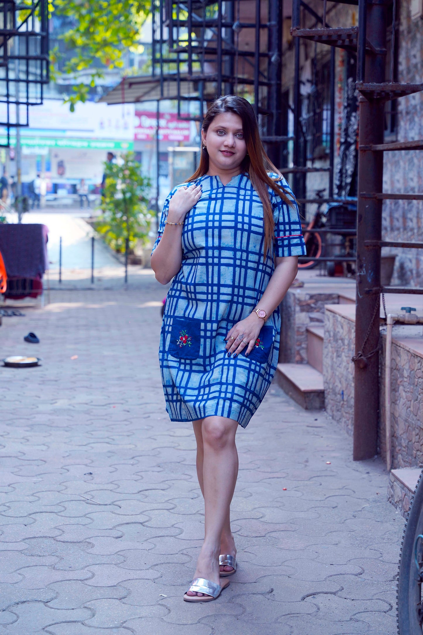 Indigo Dabu Handblock Printed Knee Length Dress with hand embroidery on pockets