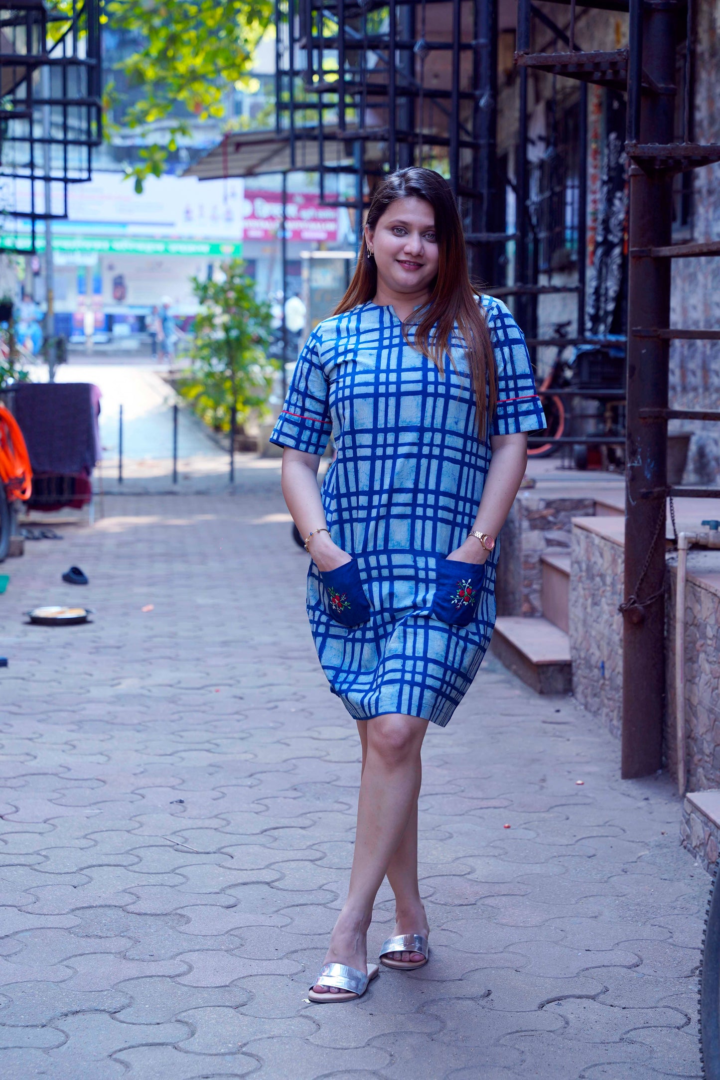Indigo Dabu Handblock Printed Knee Length Dress with hand embroidery on pockets