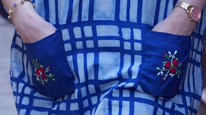 Indigo Dabu Handblock Printed Knee Length Dress with hand embroidery on pockets