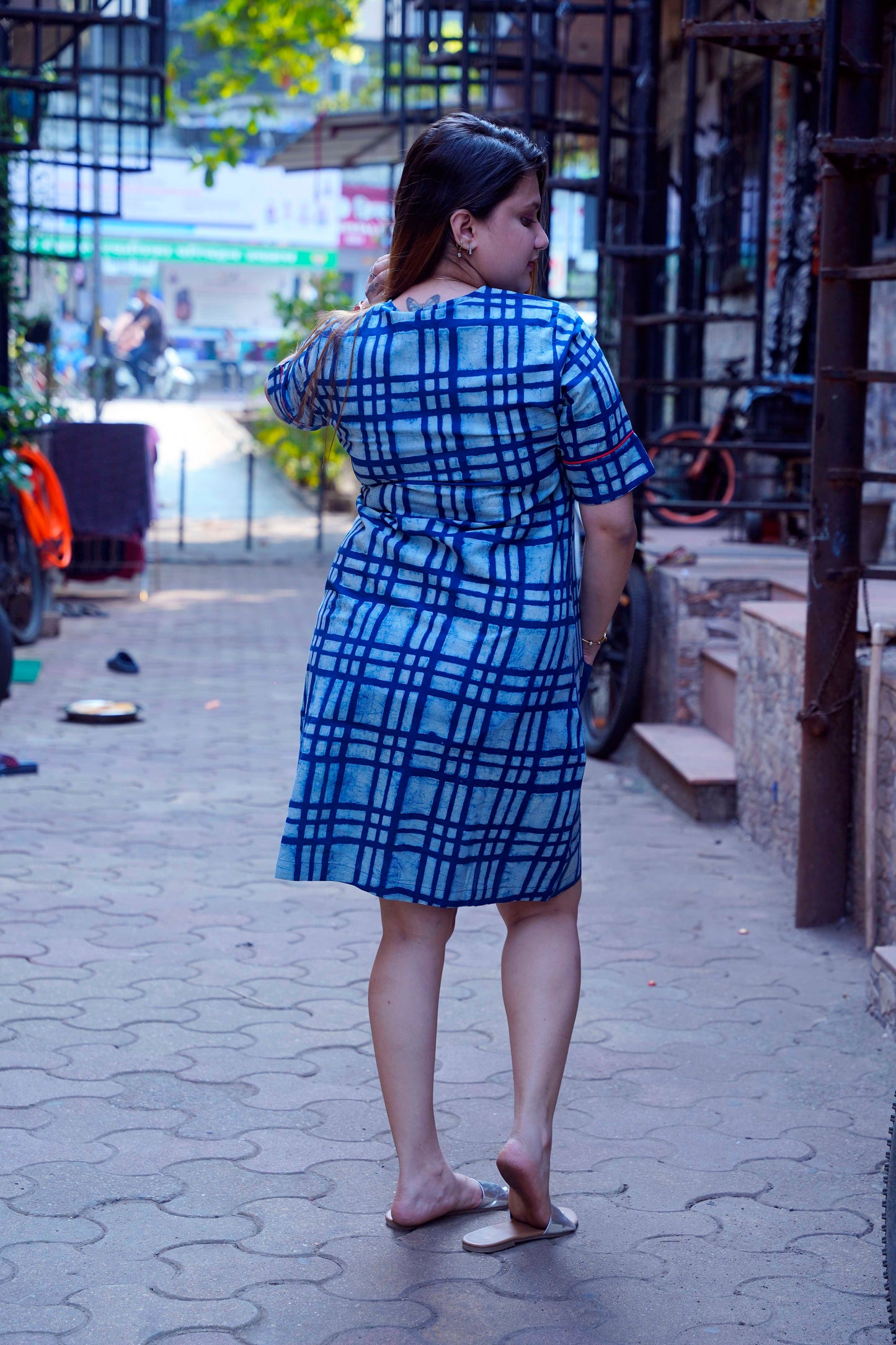 Indigo Dabu Handblock Printed Knee Length Dress with hand embroidery on pockets