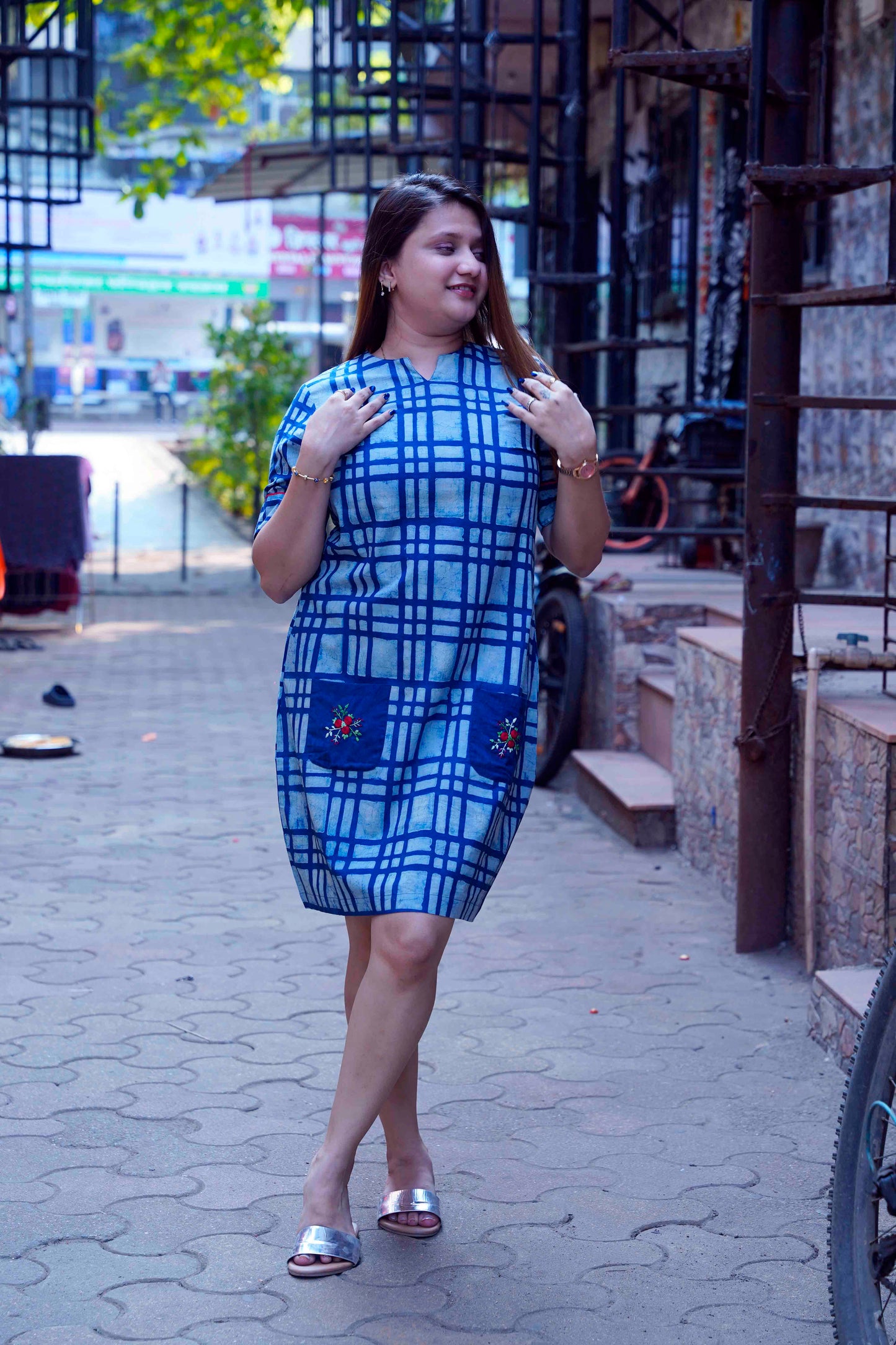 Indigo Dabu Handblock Printed Knee Length Dress with hand embroidery on pockets