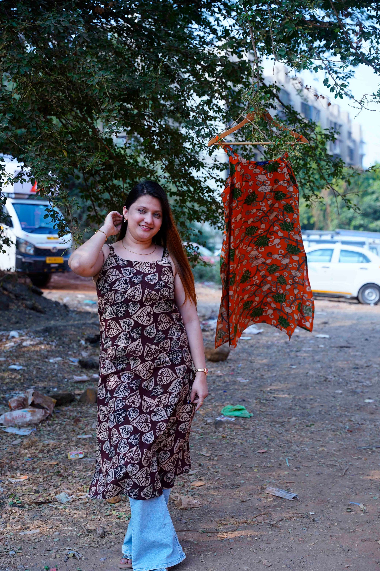 Brown Leaf Kalamkari Handblock Print Spegetti Kurta