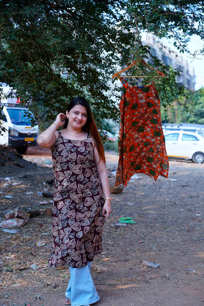 Brown Leaf Kalamkari Handblock Print Spegetti Kurta