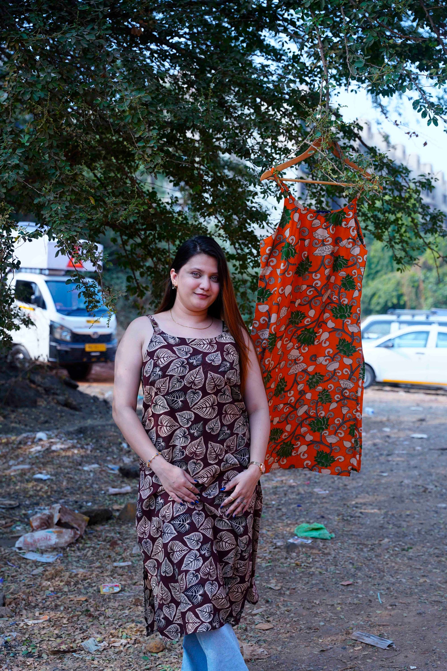 Brown Leaf Kalamkari Handblock Print Spegetti Kurta