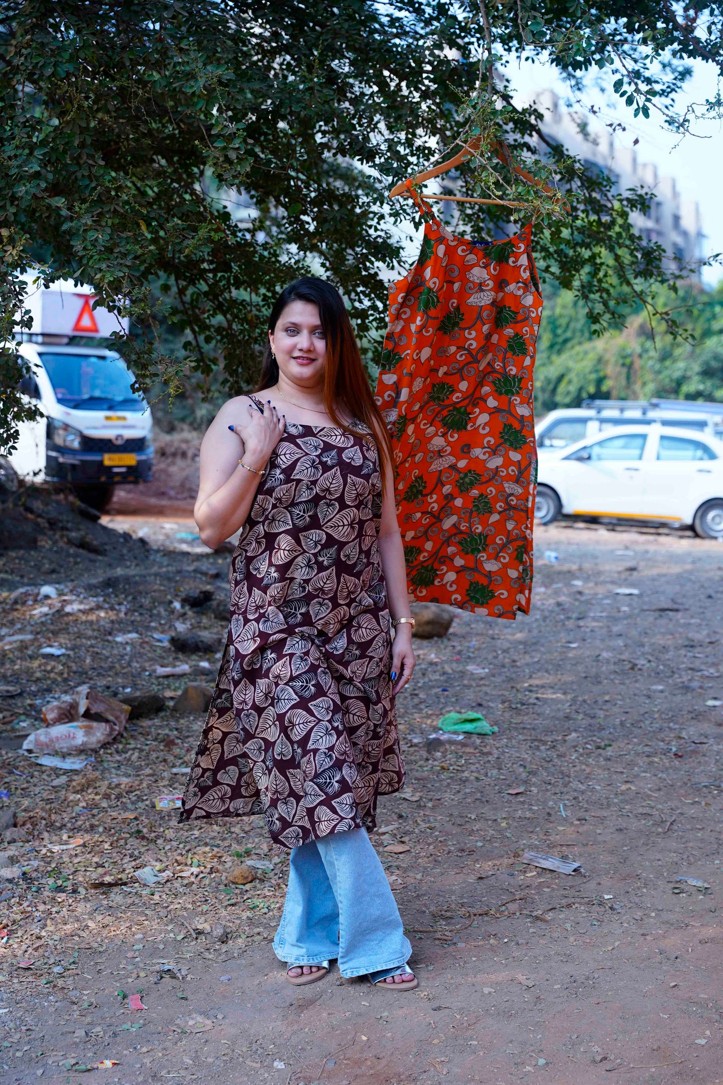 Brown Leaf Kalamkari Handblock Print Spegetti Kurta