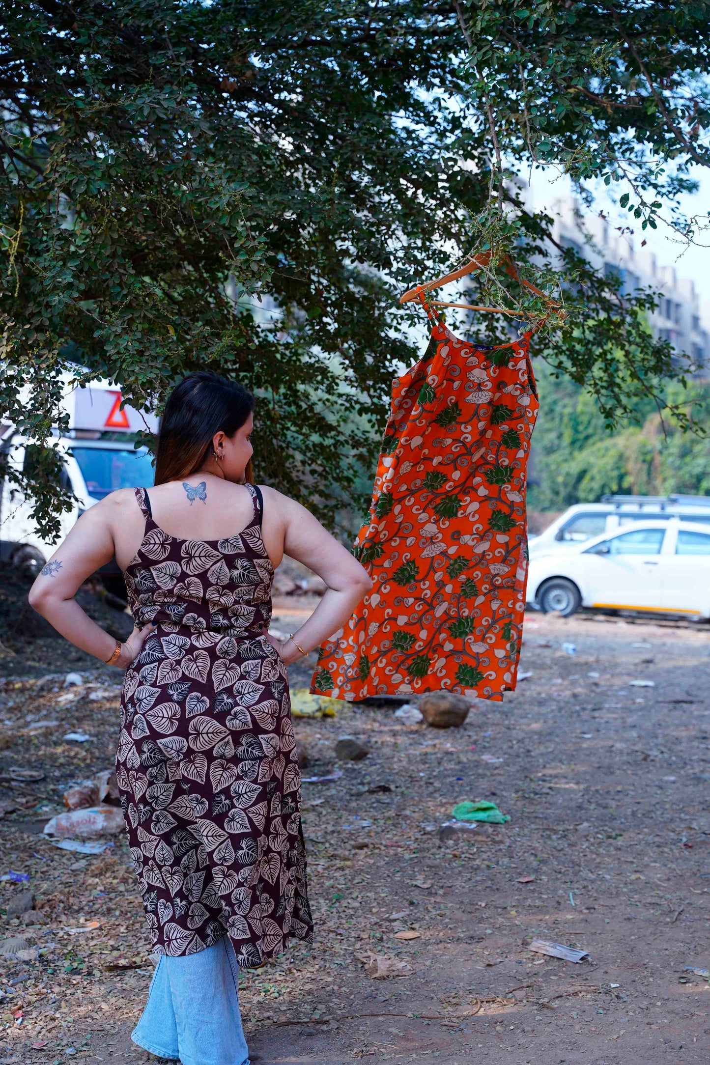 Brown Leaf Kalamkari Handblock Print Spegetti Kurta