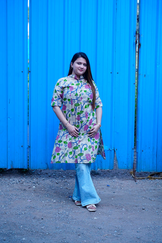 Off White Kalamkari A Line Band Collar Kurti