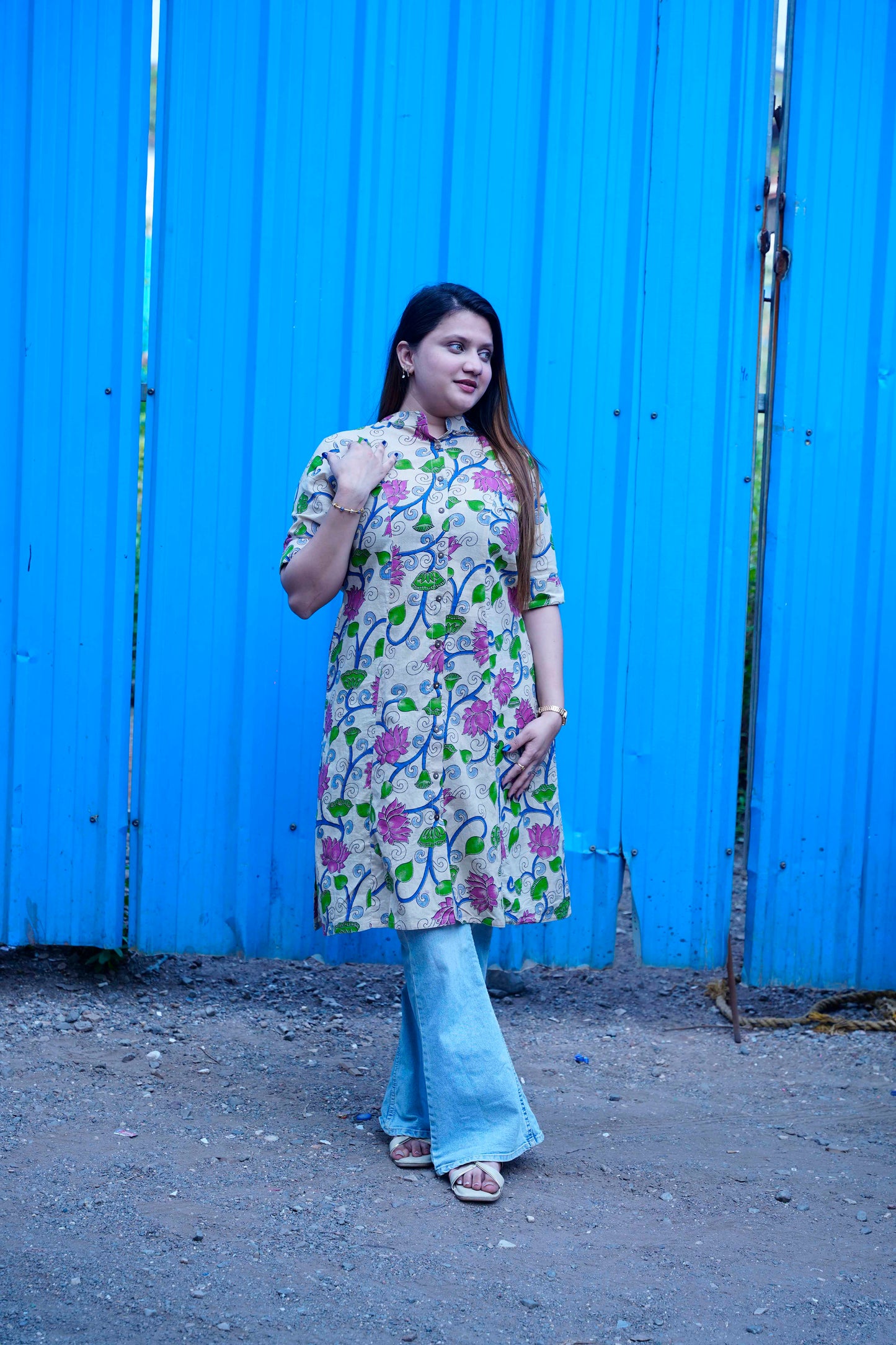 Off White Kalamkari A Line Band Collar Kurti