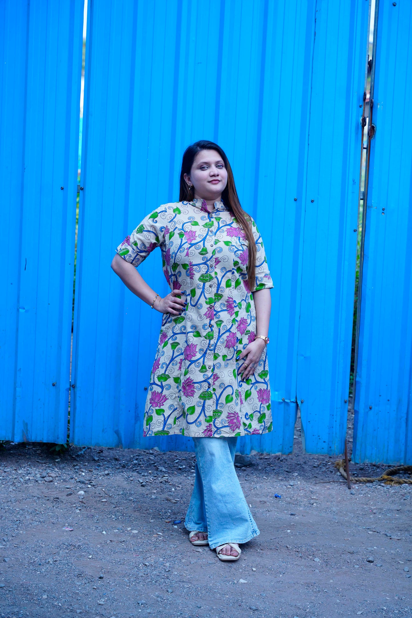 Off White Kalamkari A Line Band Collar Kurti