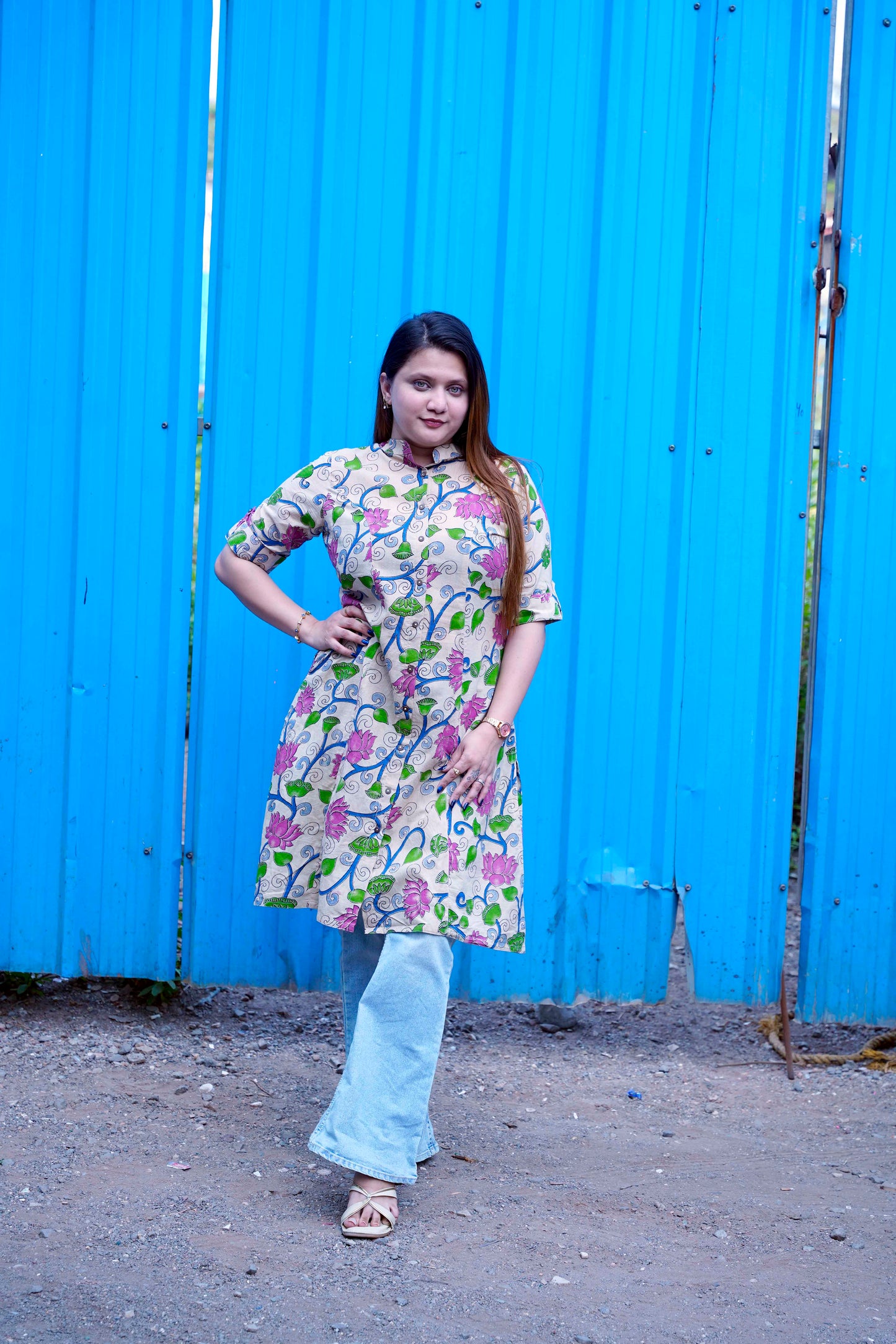 Off White Kalamkari A Line Band Collar Kurti