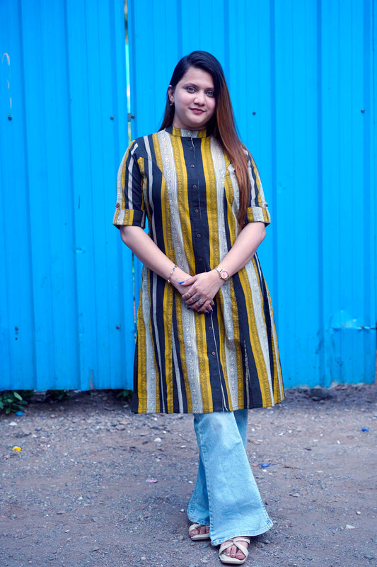 Mustard & Black Striped Bagru Handblock Kurta